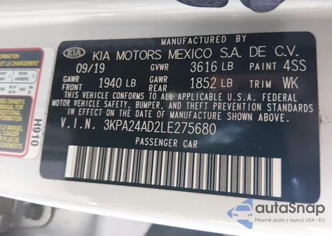 2020 Kia Rio S z USA, uszkodzony, nr VIN 3KPA24AD2LE275680